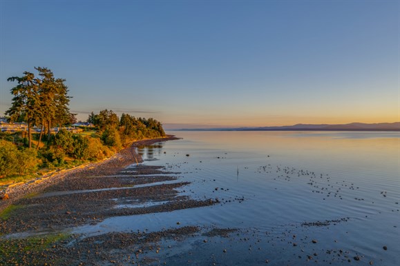 Low tide view of tidal flats at Parksville beach located outside the bayside resort. sunny blue sky